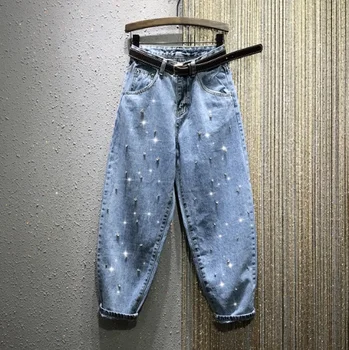 

European Loose Jeans Woman 2020 Spring New Dad Pants High Waist Big Yard Rhinestone Beaded Jeans Boyfriend Jeans for Women Pants