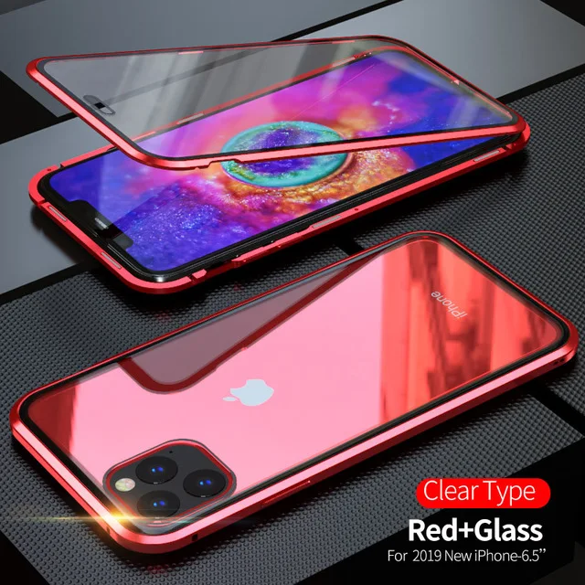 Red Металлический магнитный чехол для телефона для iPhone 11 Pro, Роскошный прозрачный чехол для iPhone 11 Pro Max 360 двусторонний чехол из закаленного стекла - Цвет: Red