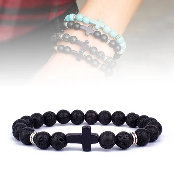 Charm Natural Stone Cross Bracelet faith Black Matte lucky Beads Bracelets Handmade Men Women Prayer Fitness Couple Jewelry Gift