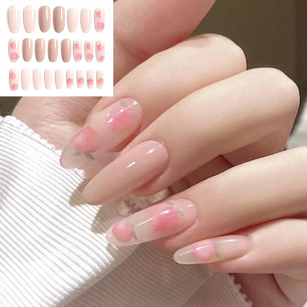 24pcs Almond Shape Pink False Nails With Cute Peach Designs Full Cover Nail  Art Tips Press On Nails With Glue Manicure Tool - False Nails - AliExpress