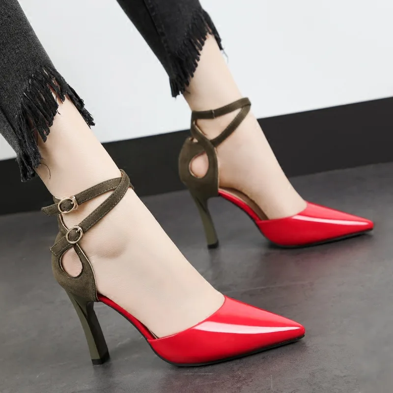 

Spring And Summer New Style Thin Heeled Pointed-Toe Double Buckle Cover Heel Sandals Women's Hallow Mixed Colors-High-heeled Sho