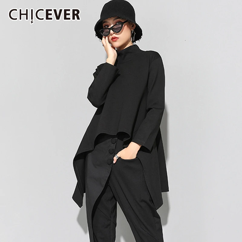 Женская Асимметричная футболка CHICEVER осенняя с воротником стойкой и длинным