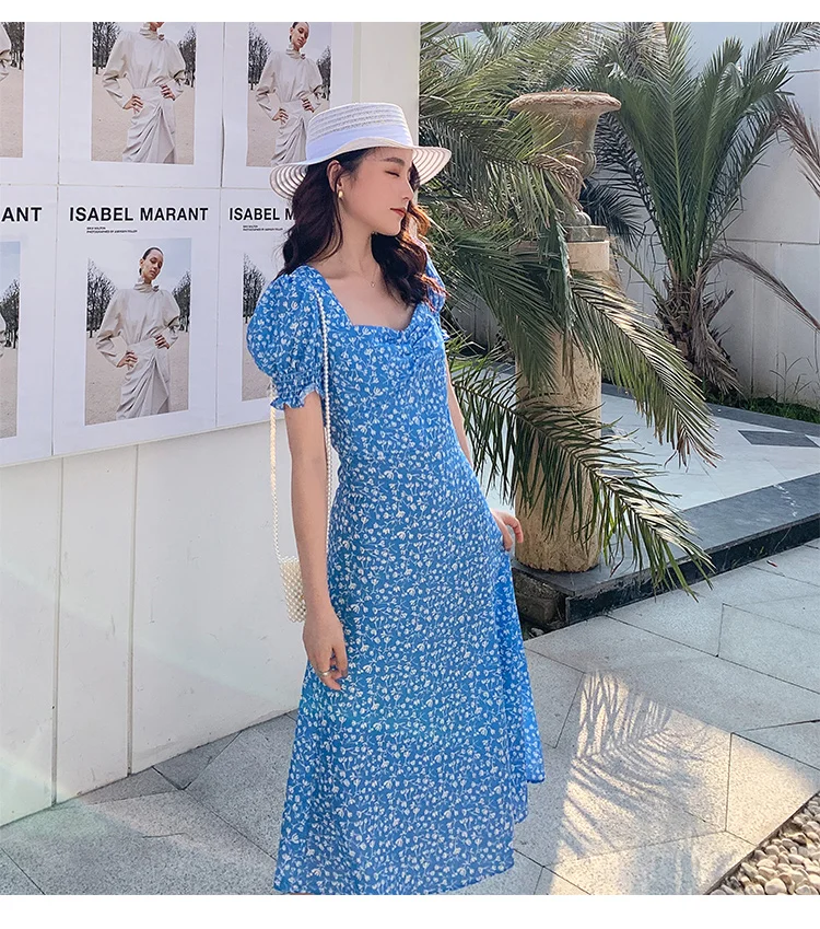 Summer Party Wrap Dress Vintage Blue Print Floral Sexy Slit Beach Holiday Dresses Ladies Vestidos