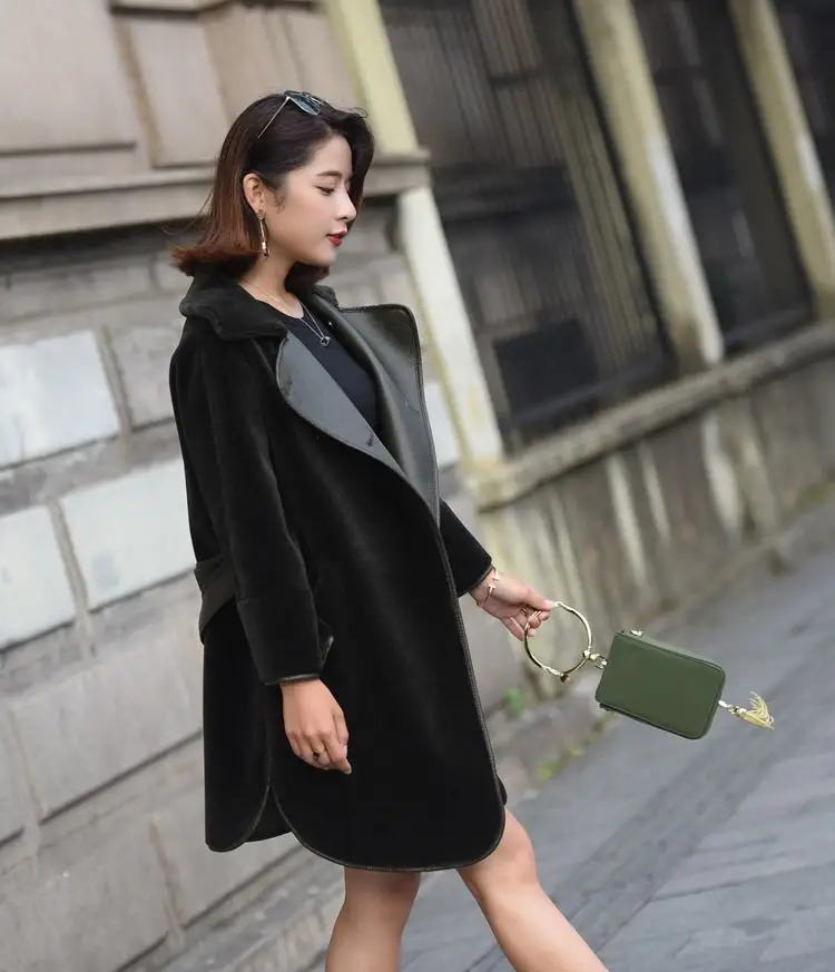 Women New Autumn Winter Real Natural Sheep Shearling Overcoat Sheepskin Jacket Female Double Sided Outwear With Sashes N124