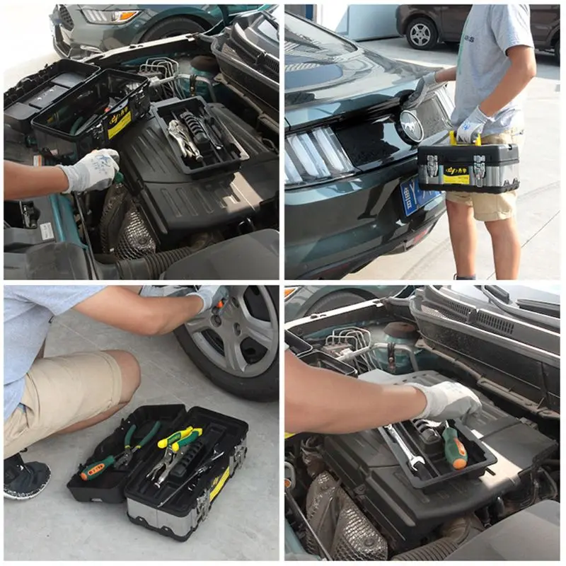 Multifunctional Double Layer Stainless Steel Tool Box Plastic Portable Organizer with Lid Handle Hardware