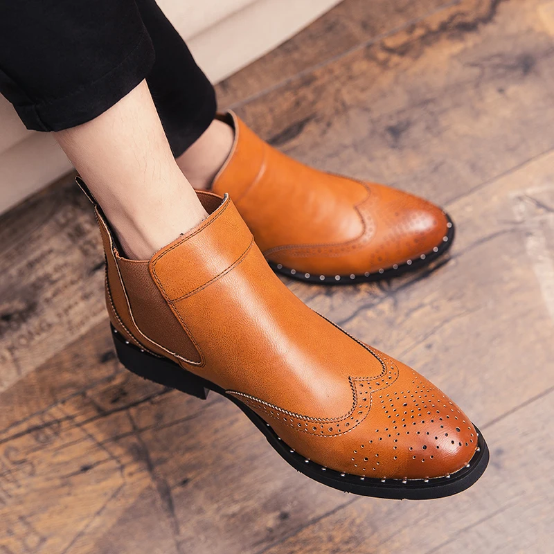 

Winter Men's Chelsea Boots genuine Leather brogue Casual Carved Male British Style Slip-on Wedding Dress Ankle Boots for Man s5