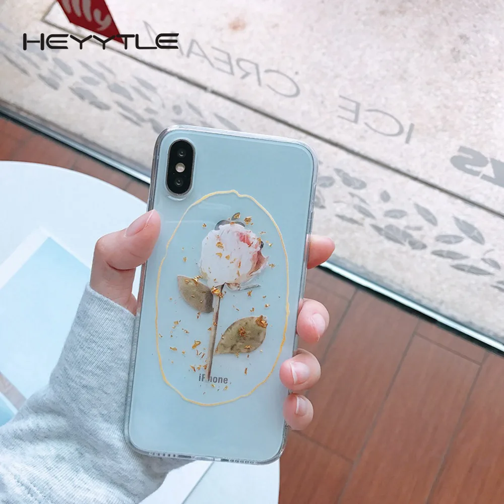 

Heyytle Gold Foil Rose Flower Case For iPhone 7 8 6 6s Plus Epoxy Transparent Soft TPU Case For iPhone X XS MAX XR 7plus 9 Coque
