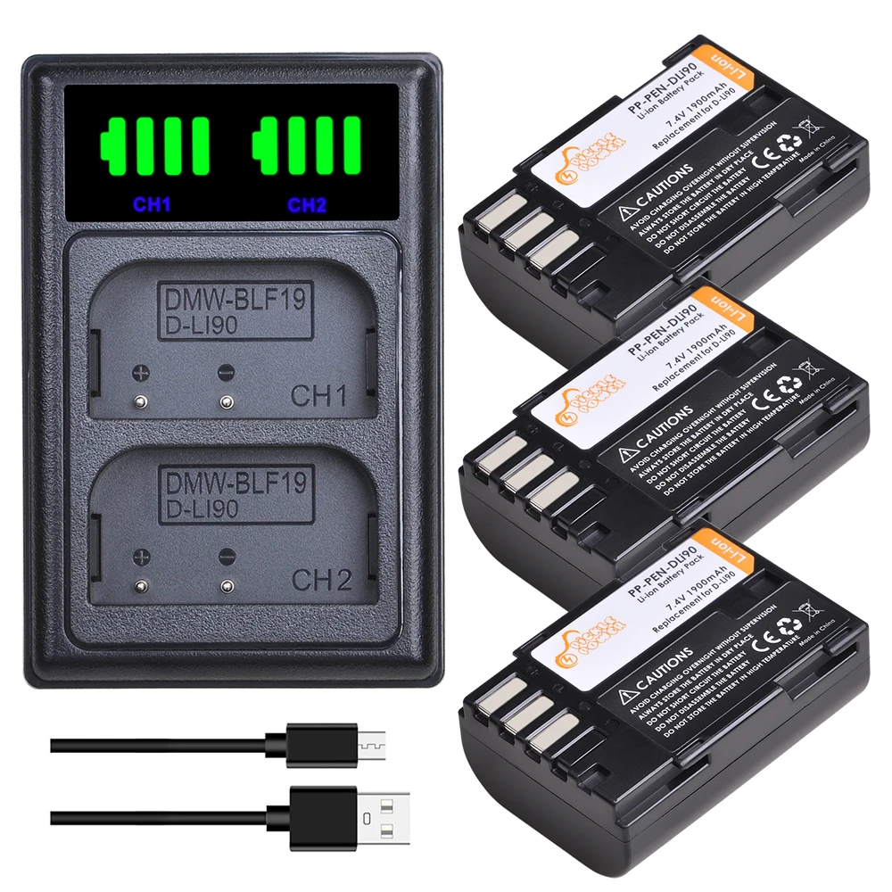 Batteria Di Potere 1900Mah D-Li90 D Li90 Del Sottaceto + Nuovo Caricatore Doppio Del Led Per Il K-1 Di Pentax K-01 K-3 K-5 K-5Ii K-7 645D 645Z