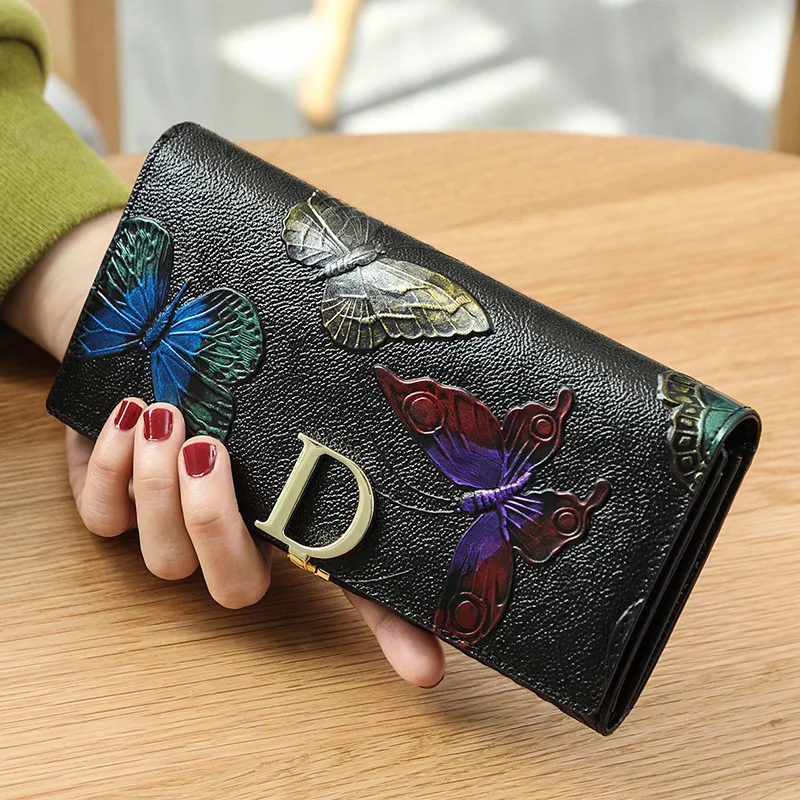 

Luxury Genuine Leather Wallets Long Women Clutch bags Brand Embossed Cow Leather butterfly Wallet Credit Card Holder Purse Lady