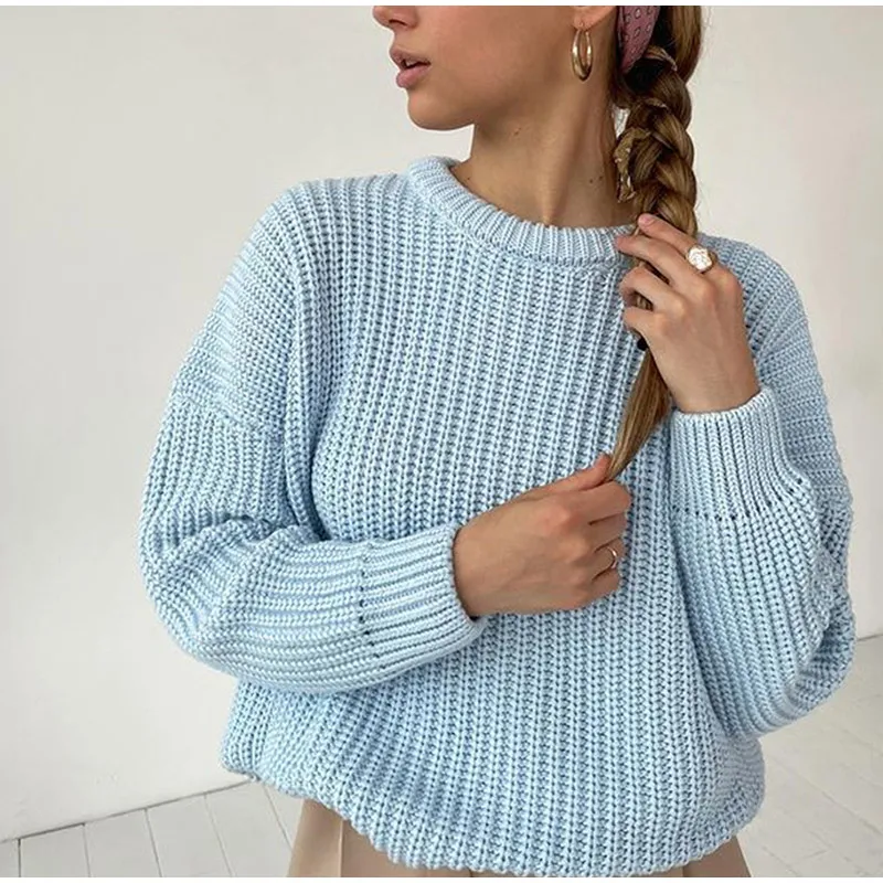 Women Solid Knitted Thickening Oversized Sweater Female Round Neck Long Sleeve Casual Loose Pullovers Top 2021 Autumn Winter
