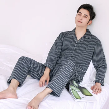 

2020 Men Pajamas Set Plaid Sleepwear Cotton Nightwear Long Sleeved Male Sleep Clothing Plus Size Nighties Autumn Homewear