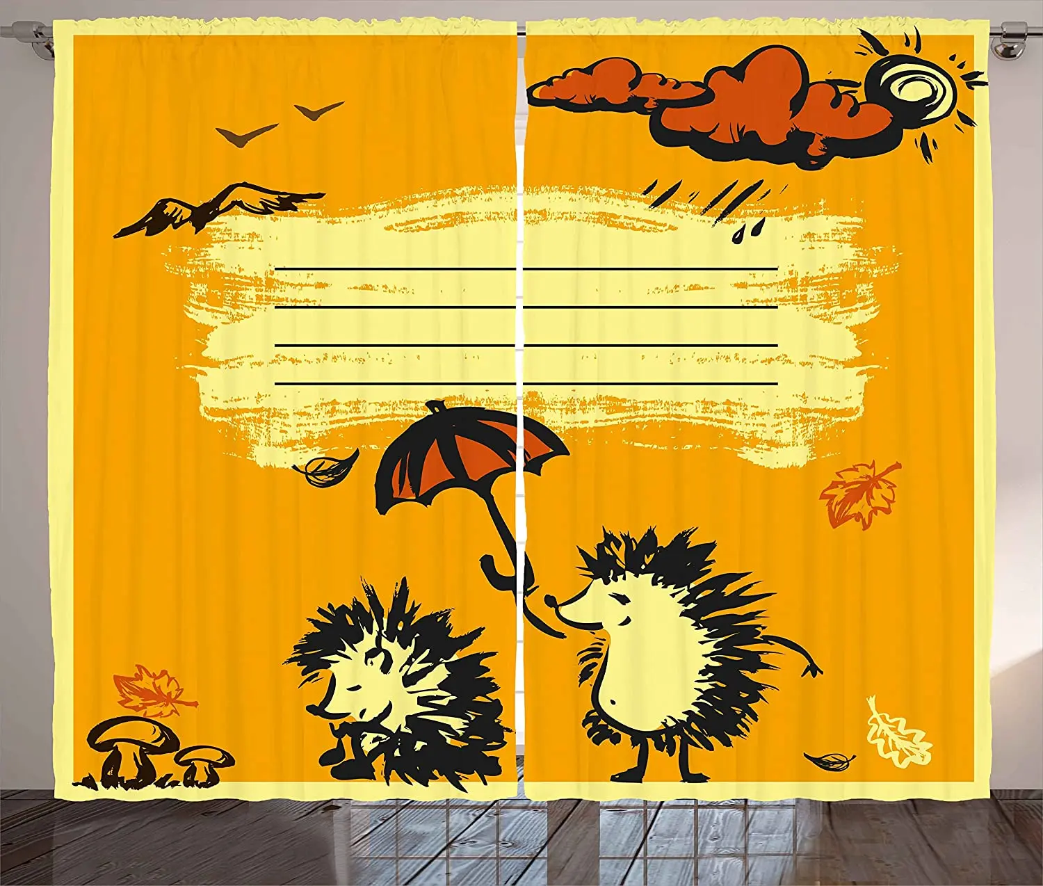 Fun Curtains Notebook Cover Design 2 Hedgehogs with an Umbrella Rainy Weather Cloud Living Room Bedroom Window Curtain Orange | Дом и сад