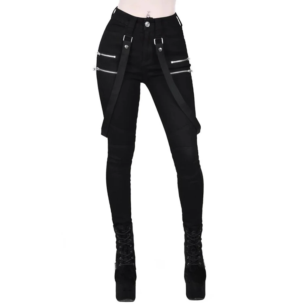 

2020 Gothic Women Pencil Pants Trousers Belt Zipper Ladies Streetwear Long Pants Solid Black Hip Hop Long Trousers D30