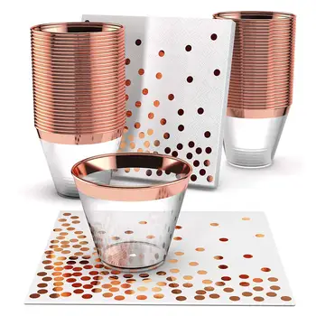 

Rose Gold Plastic Cups & Napkins-Set of 50 | Fancy & Fun Disposable Decorations for Birthdays, Wedding Reception etc