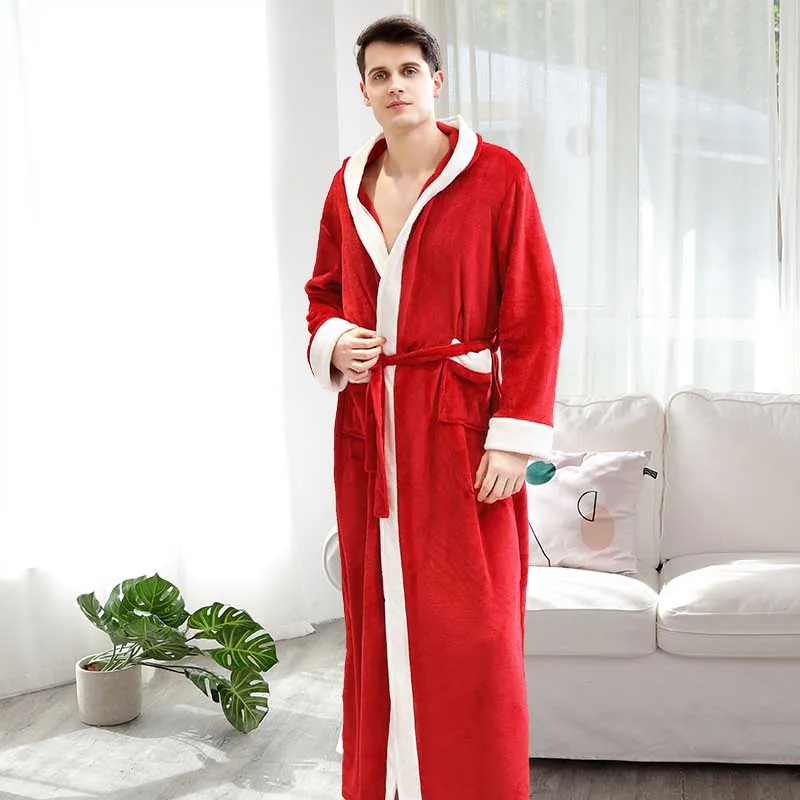 Фланелевый ночной халат с капюшоном, унисекс, зимний утепленный халат, длинный, более размера, для влюбленных пар, ночной халат с поясом, Мужская Ночная рубашка - Цвет: men red