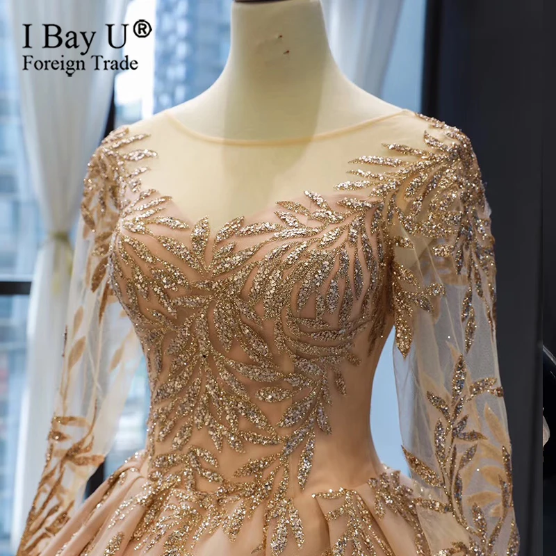 Vestido De Noiva 20120, свадебное платье с длинным рукавом, блестящее золотое, Бальное, корсетное, свадебное, свадебное, церемониальное платье, robe de mariage