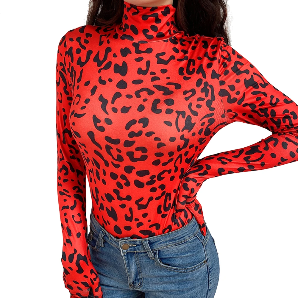Модные красные леопардовые боди с высоким воротом и перчатками, Осенние обтягивающие боди, женские Клубные Вечерние боди с длинным рукавом