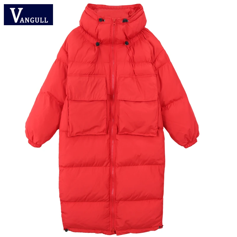 Vangull/женское зимнее пальто, парки, однотонное плотное длинное хлопковое пальто, Новая повседневная женская одежда больших размеров, теплая верхняя одежда с карманами на молнии