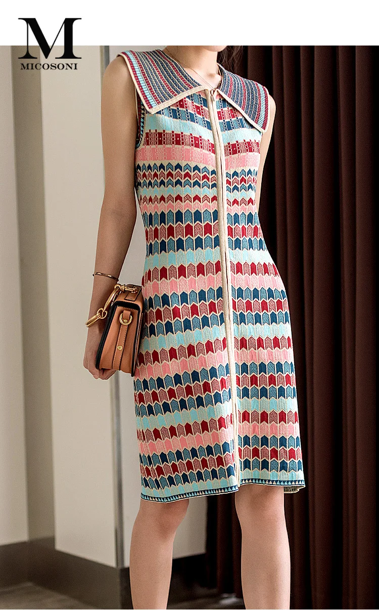

Micosoni 2019 Runway Fashion Autumn Rainbow Stripe Slimming Sailor Collar Office Lady Temperament Tight-fitting Zipper Dresses
