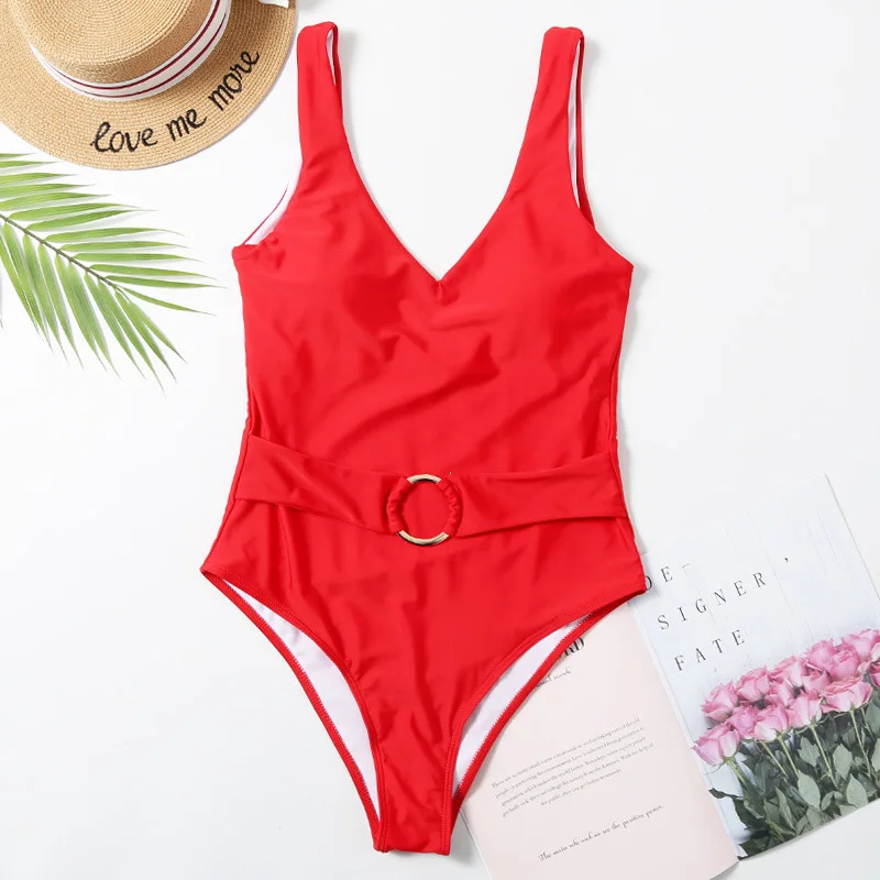 

INGAGA Deep V-neck One Piece Swimsuit Sexy U-back Swimwear Women Solid Ring Belted Bodysuit 2020 New High Cut Bathing Suit