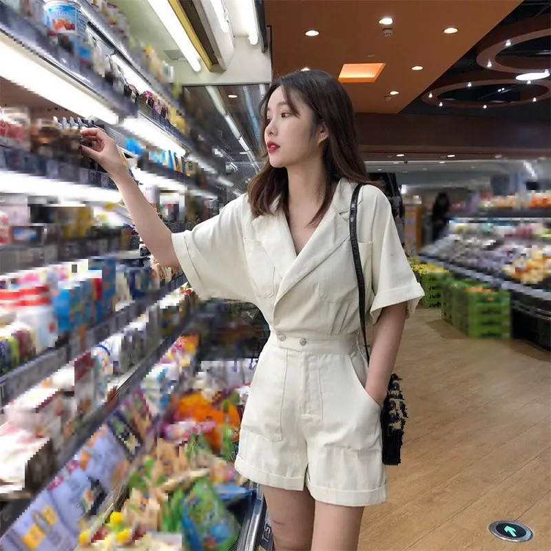 

Korean Lapel High Waist Denim Romper Women Casual Elastic Jeans Loose Jumpsuits Pockets Short Playsuits Solid Overalls