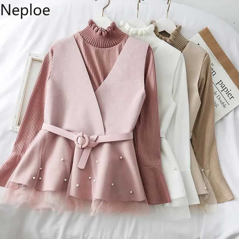 

Neploe Elegant Fashion 2 Pcs Women Set Turtleneck Slim Fit Bottom Sweater+ Slim Waist Lace Patchwork Beading Woolden Velet 47116