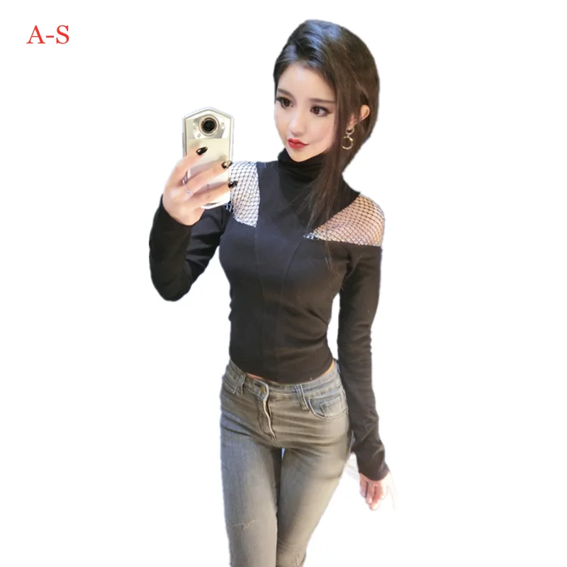 

Fashion Sexy Mesh Long Sleeve Women Solid Color High Collar Blouse Hollowed out Shoulder Tops