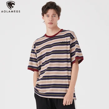 

Aolamegs Men's Tees Hit Color Striped Print T Shirt Men Cotton Short Sleeve College Style High Street Couple Tees Streetwear men