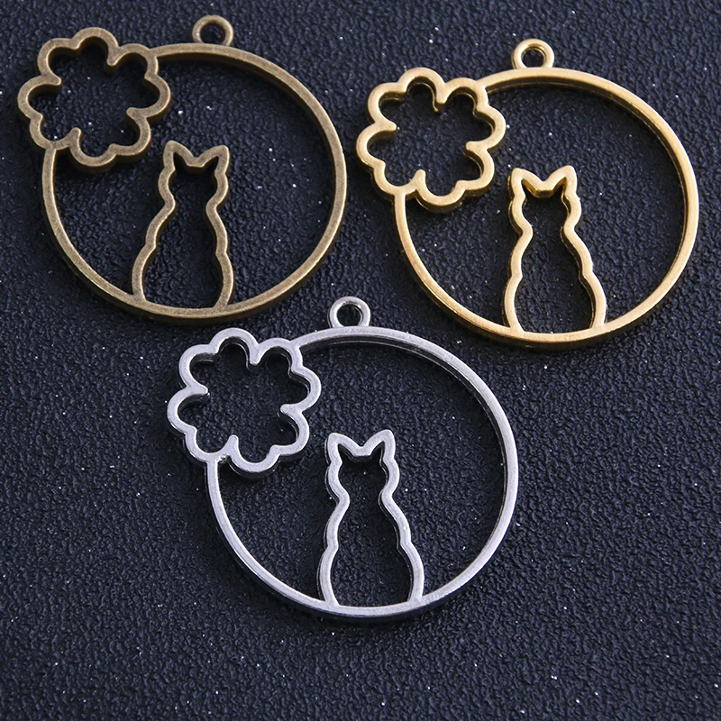 

2pcs/lot Metal Zinc Three Colors Cute Cat Charm Flowers Pendant Blank Tray Bezel Diy Jewelry Making