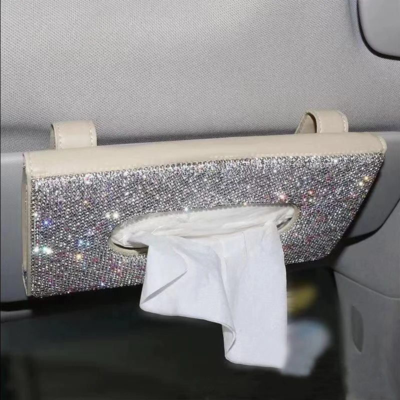 Bling Crystal Car Tissue Box Sun Visor Multi-function Diamond Leather Tissue Box Paper Holder Cover Sunvisor Hanging Napkin Box - Название цвета: Beige