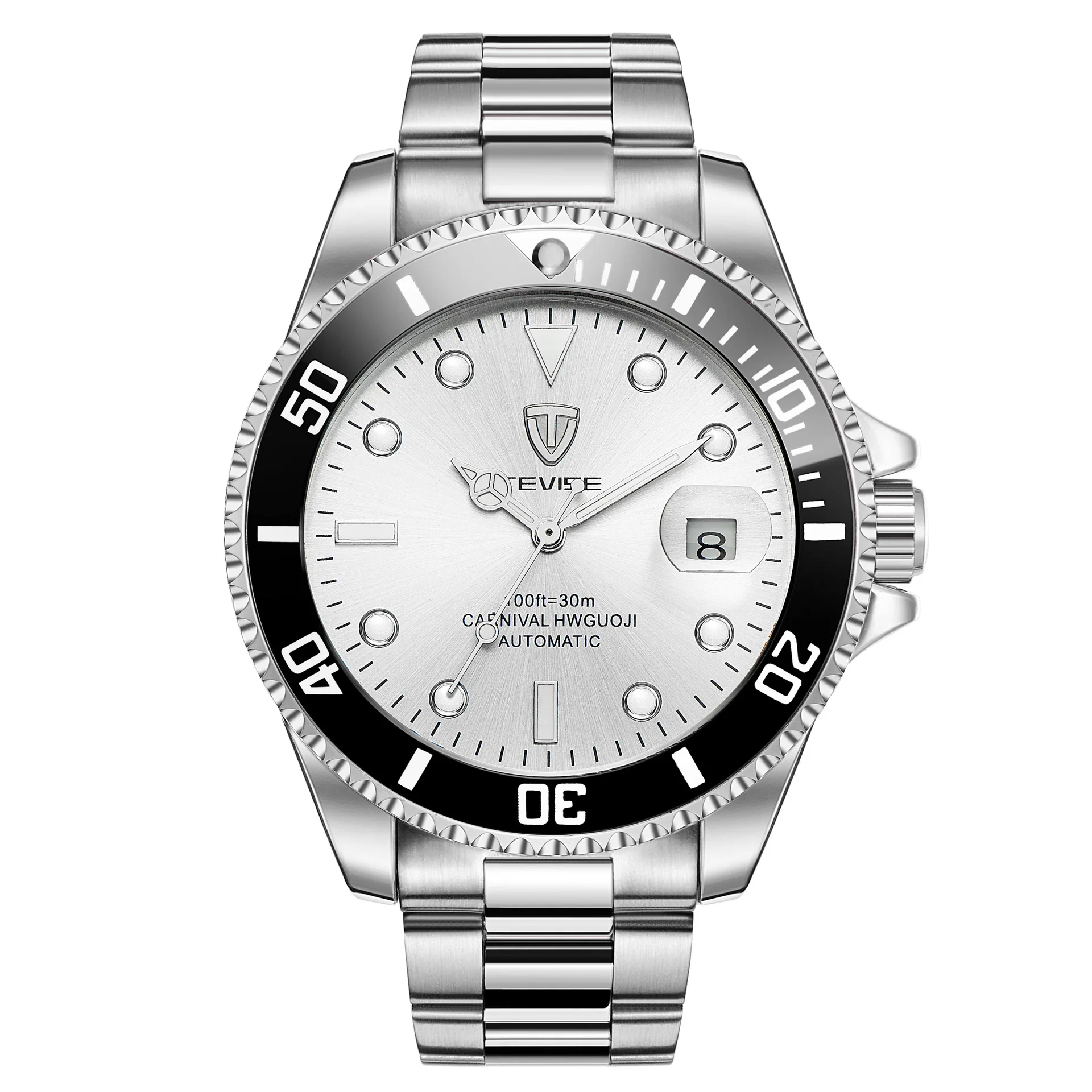 Silver Steel-White Tevise автоматические механические Diver спортивные роскошные часы стальной бренд водонепроницаемые светящиеся Бизнес наручные часы Relogio Masculino - Color: Silver Steel-White