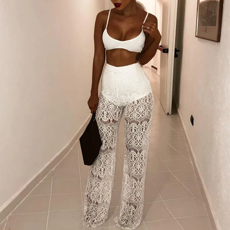 

High Waist Club Long Trousers Patchwork Cut Out White Lace Pants Sexy Crochet Perspective Women Pants Black Wide Leg Pants GV838