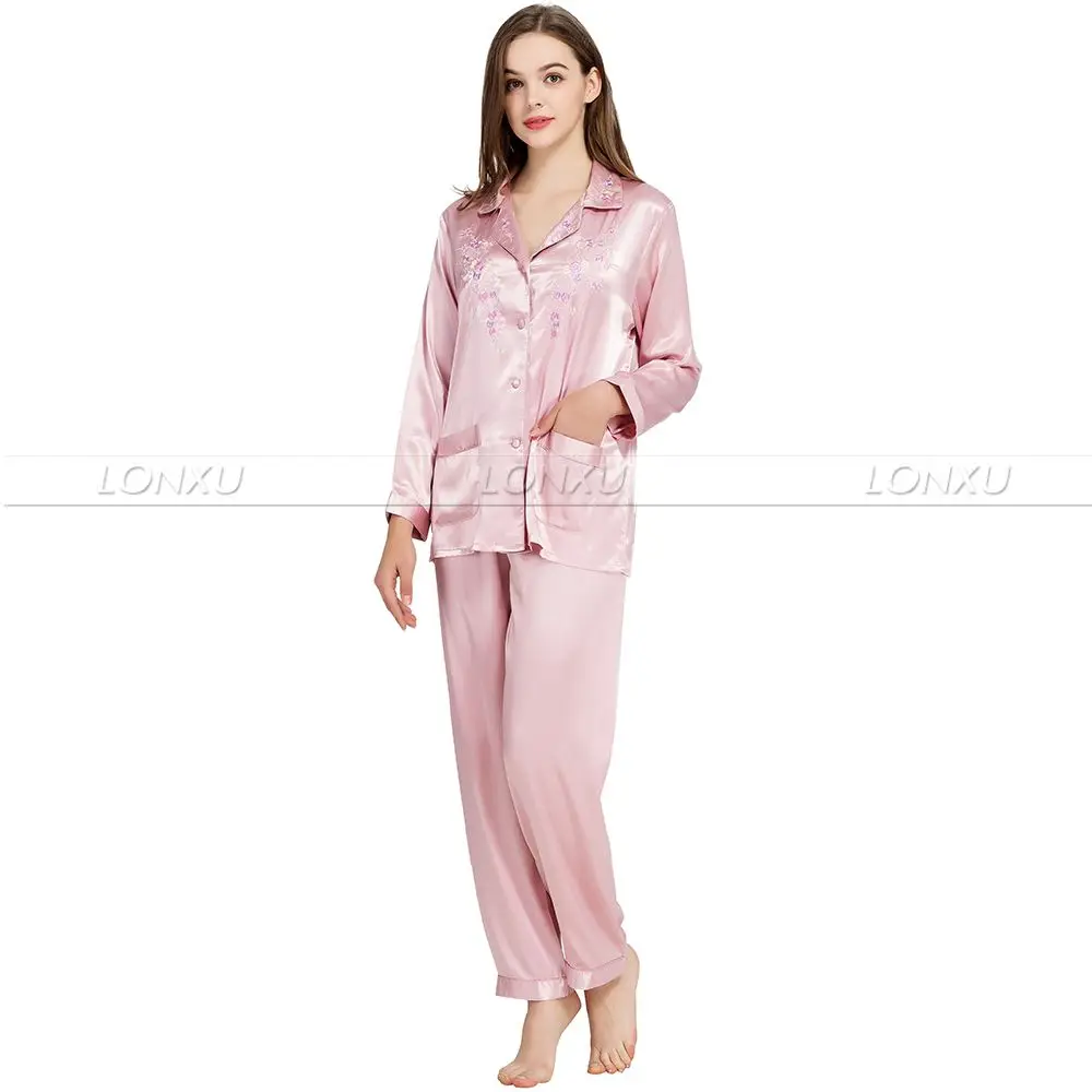 Womens Silk Satin Pajamas Set Pyjamas PJS Set Sleepwear Nightwear Loungewear XS~ 3XL Plus Size_For Gifts - Цвет: Dark Pink