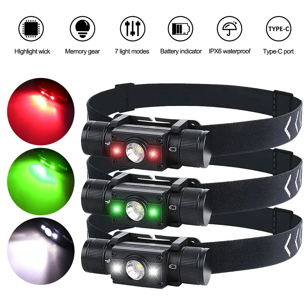 

Green/White/Red Head Light 7 Lighting Modes Headlamp USB Rechargeable Work Light Outdoor Fishing Camping Torch