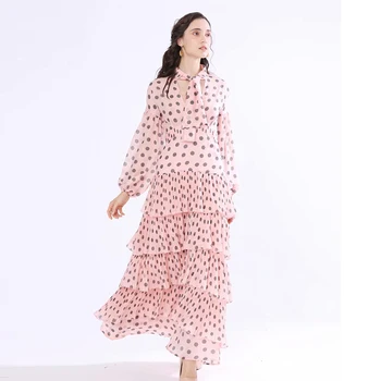 

HIGH QUALITY Newest Fashion 2020 Runway Maxi Dress Women's Long Sleeve Dot Print Cascading Ruffle Long Dress