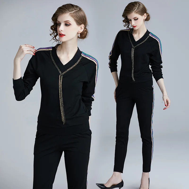 

Ozhouzhan 2019 Spring Clothing New Style Europe And America WOMEN'S Dress-Style Long-sleeved Sweater Casual Pants Two-Piece Set