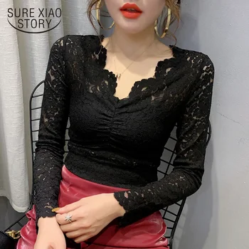 

Spring Elastic Lace Long Sleeve Women Blouses 2020 Autumn Hollowed-out Sexy Black Solid V-neck Ladies Tops Bottom Shirt 8046 50