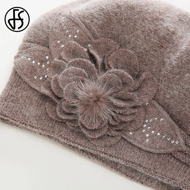 FS Women Rabbit Berets Knitted Wool Hats Winter Flowers Warm