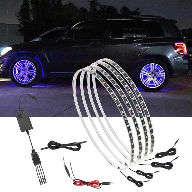 

4 шт. / комплект неоновых ламп с автомобильными колесами Led Кольцо колеса Led Световой комплект APP / акустическое управление Водонепроницаемые неоновые лампы гибкие карданный разъем 15 дюймов