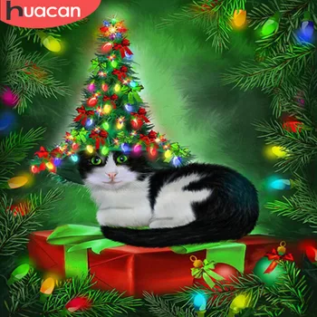 

HUACAN 5d Diy Christmas Tree Diamond Painting Mosaic Cross Stitch Full Square Pictures Rhinestone Cat Embroidery Handicraft