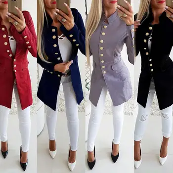 

2019 Fashion Women Slim Fit Office Lady Solid Color Stand Collar Single Breasted Long Sleeve Blazer Coat Fall Coats Female