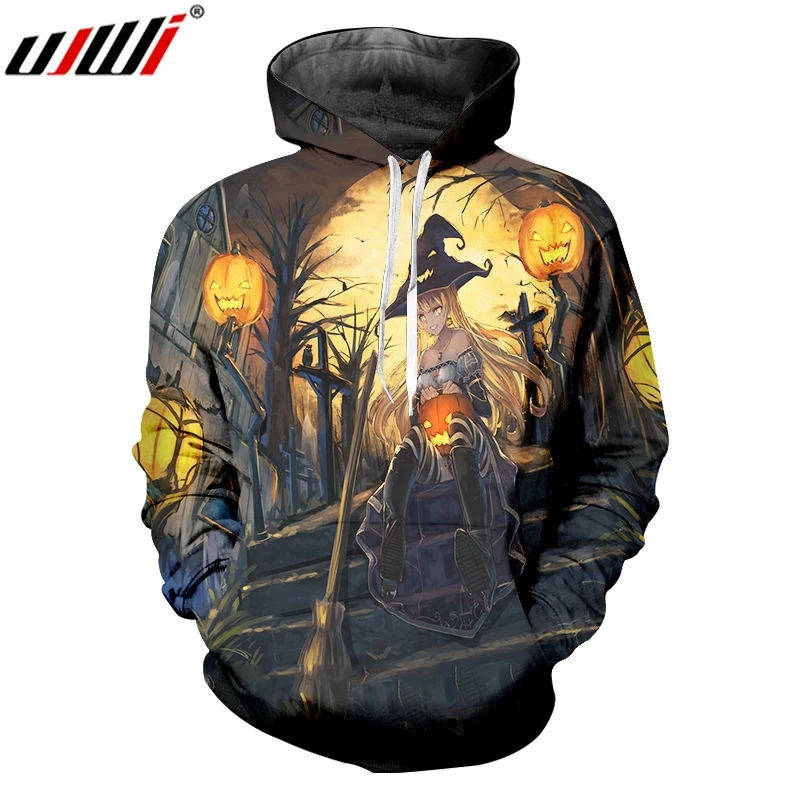 UJWI Halloween 3D Printed Doll Anime Flame Pumpkin New Man Hoodies Personality Loose Men's Pullover | Мужская одежда