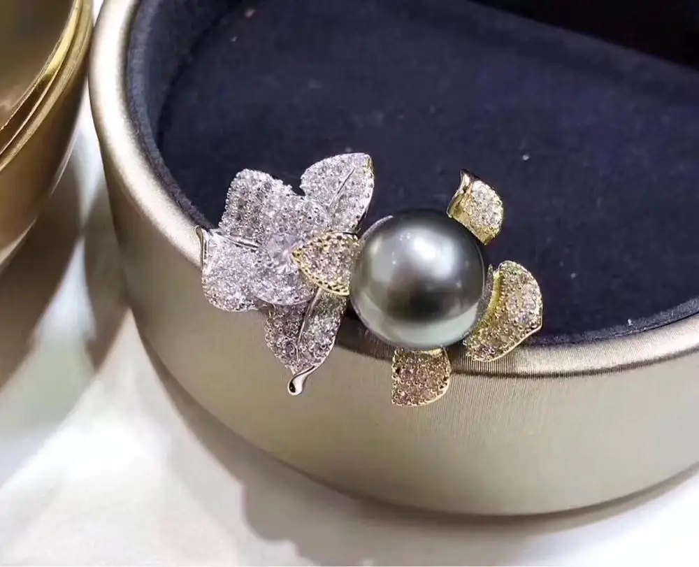 Ocean Pearls Rings D1030 Fine Jewelry Pure 925 Sterling Silver Natural Tahiti Black Pearl 11-10mm Female's | Украшения и
