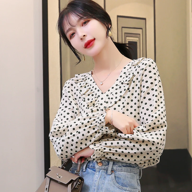 Новинка, Осенние винтажные женские рубашки с оборками, полный рукав, узор в горошек, v-образный вырез, французская блузка, рубашка, 6618