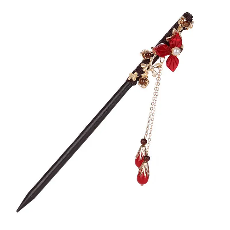 Retro Red Chinese Style Hanfu Tassel Women Luxurious Wood Flowers Chopsticks Hairpin Woman Jewelry Hair Clip Accessories