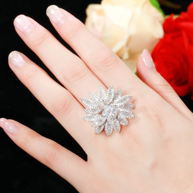 BeaQueen элегантное большое кольцо с листьями и цветами AAA+ кубический цирконий Цвет серебристый, золотой вечерние Обручальные кольца для женщин R095