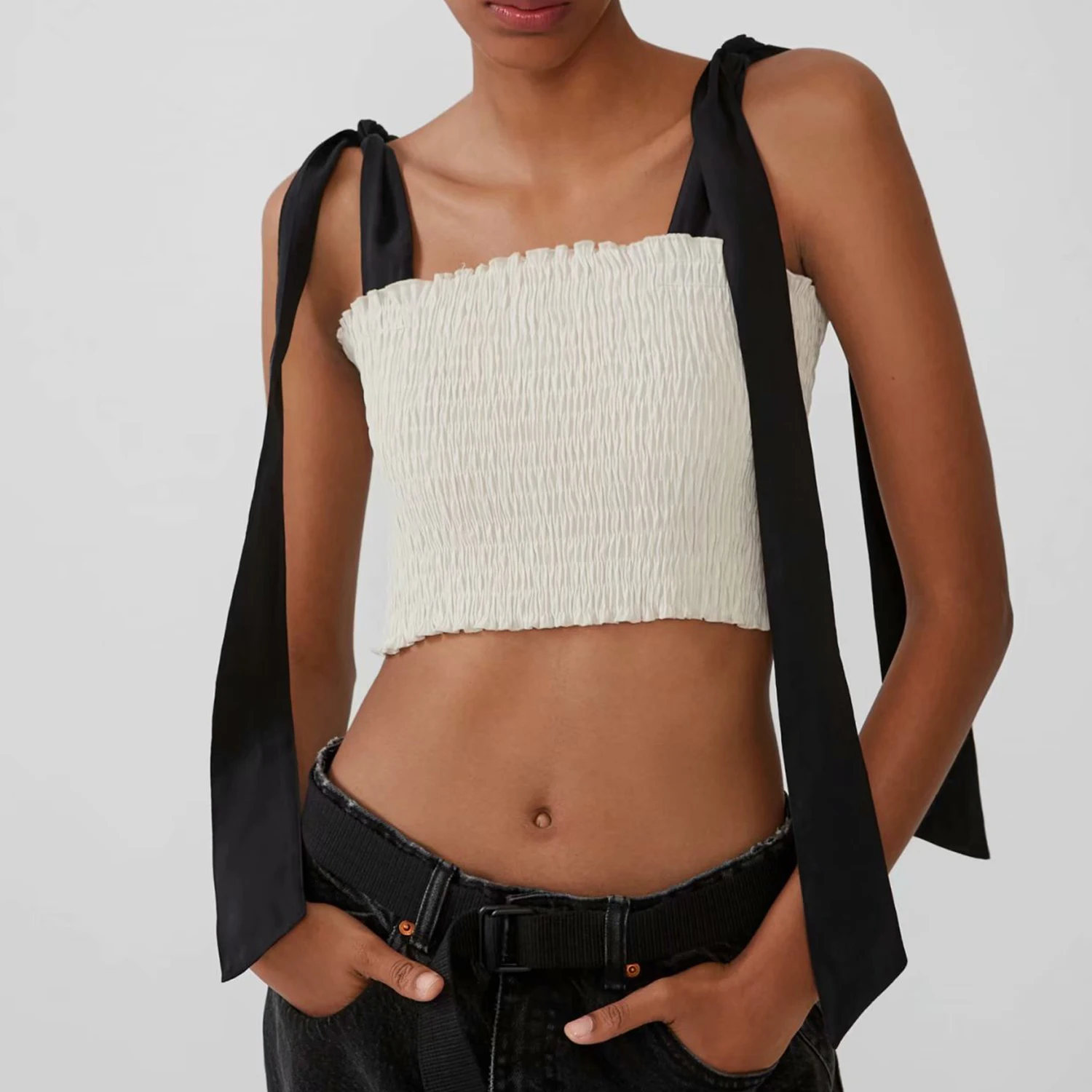 

Summer beige Camisole crop top women elastic pleated black ribbon bowknot straps sleeveless slim stretch Chic lady femme tops
