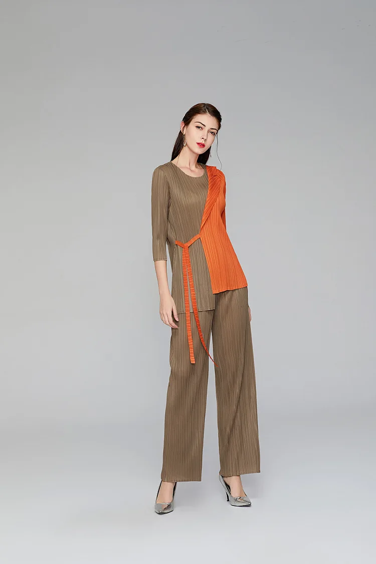 Горячая Miyake fold Модная уникальная футболка с рукавом три четверти и круглым вырезом Лоскутная нестандартная футболка