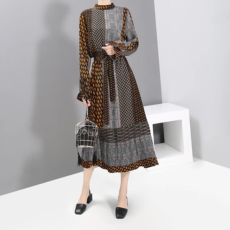 Корейский стиль Для женщин с длинными рукавами на осень платье с геометрическим узором с поясом трапециевидной формы с принтом женские стильные вечерние платья vestido 5477