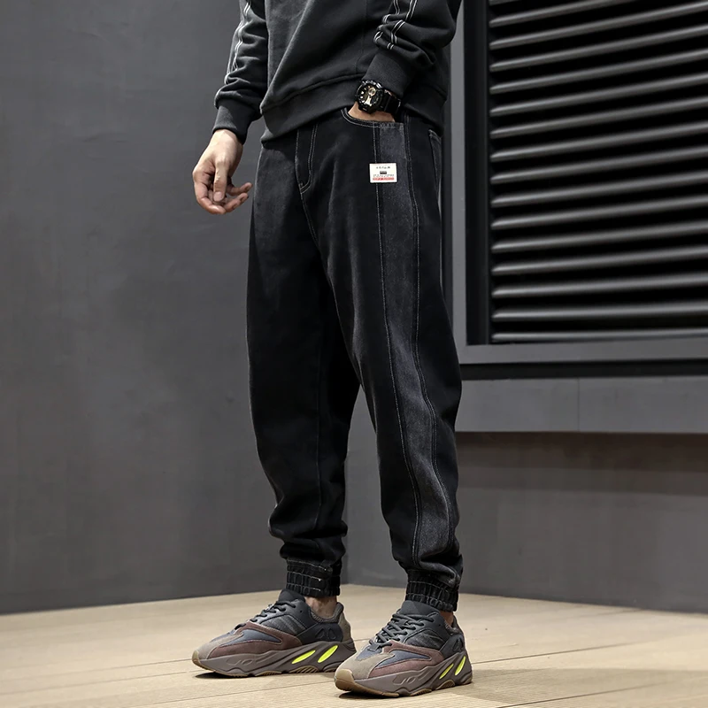 Fashion Streetwear Men Jeans Loose Fit Side Stripe Spliced Cargo Pants Harem Jeans Size 28 42 2